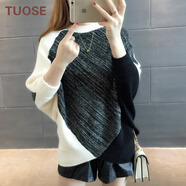 TUOSE 毛衣 秋冬新款韓版女裝寬松拼色時尚蝙蝠衫半高領(lǐng)套頭針織衫 黑灰 均碼