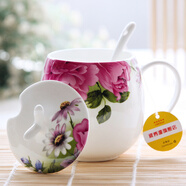 瓷秀源（cixiuyuan） 水杯陶瓷杯創(chuàng)意情侶杯子馬克杯帶蓋帶勺陶瓷骨瓷咖啡杯 胖杯貴妃花