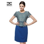 邢氏女裝   春夏新款蕾絲裙子鑲鉆淑女收腰假兩件短袖連衣裙 藍色 S/36(160/88B)