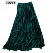 拓澀（TUOSE） 半身裙金屬色金絲絨中長(cháng)款百褶裙復古高腰百搭顯瘦a字裙 祖母綠  L