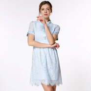 名媛坊（MIRROR FUN）M/RRORFUN 夏裝新款 名媛氣質(zhì)修身襯衫領(lǐng)蕾絲連衣裙 天藍色 M