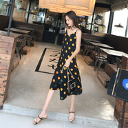 miss nitaly波點(diǎn)雪紡連衣裙夏新款度假甜美休閑女裝寬松中長(cháng)款法式吊帶裙子 黑色 L