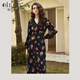 Olrain歐芮兒法式黑色連衣裙女裝秋季新款氣質(zhì)高級感印花長(cháng)裙 黑色 XL