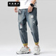 京獅戴爾牛仔褲男春夏新款日系破洞哈倫牛仔褲男加肥加大碼胖子寬松束腳九分褲子潮男 藍色9325 32
