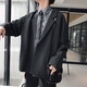 【休閑西服】小西服春秋季韓版chic復古bf風西裝外套男士復古寬松港風小西裝簡約休閑單西服 X02黑色 L