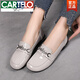 卡帝樂鱷魚（CARTELO）平底單鞋女2025春夏真皮百搭女鞋一腳蹬樂福鞋軟底漆皮低幫鞋 米灰色 頭層漆皮牛皮 37