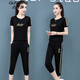 古梵莎休閑運動(dòng)服套裝女2022年夏季新款媽媽寬松大碼薄款短袖T恤七分長(cháng)褲兩件套 黑色-七分褲 M