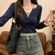 假兩件打底衫內搭長(cháng)袖t恤女春秋2025新款修身高腰設計感正肩上衣 寶藍色 S（80-90斤）