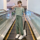 柚一杉女童夏裝兒童套裝2025新款韓版條紋短袖休閑運動中大童長褲兩件套 綠色上衣+褲子 160(建議身高155左右)