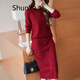 shunya 香港潮牌 羊毛針織連衣裙女2020秋冬新款外穿內搭毛衣包臀裙配大衣套裝顯瘦打底衫 酒紅 M