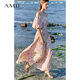 AMII2025夏新款度假風(fēng)一字領(lǐng)露肩袖束腰大A裙擺碎花連衣裙12352024 玫粉 S