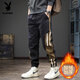 花花公子2025秋冬新款潮牌工裝束腳百搭休閑褲男條紋大碼痞帥哈倫運動(dòng)長(cháng)褲 黑色 加絨 2XL 合適體重160-180斤