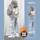 gxmy青少年羽棉絨服男士棉衣休閑套裝冬季新款一套寬松面包衣服男裝潮 【棉衣手指貓?zhí)籽b】連帽灰色+灰 XL 【建議115-130斤以下】
