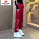 皮爾卡丹（pierre cardin）韓版時(shí)尚休閑保暖衛褲女秋冬新款寬松顯瘦高腰束腳百搭拼接休閑褲 紅色 2XL