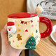 蒙福（mengfu）新年禮物女圣誕馬克杯子男女士高顏值陶瓷水杯情侶咖啡杯帶蓋勺 圣誕姜餅人420ml【紅蓋+圓瓷勺】