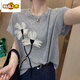 初徑寬松顯瘦【80-200斤】時尚設(shè)計飛袖冰絲短袖T恤女立體花朵上衣夏 灰色 2XL 建議130-160斤