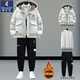 啄木鳥青少年羽棉絨服男士休閑套裝冬季新款學(xué)生寬松搭配棉衣服男裝外套 字母白色保暖三件套 XL 【推薦120-140斤】