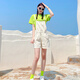 深妍色2025年夏季純棉短袖團(tuán)體多人聚會(huì)旅游演出服閨蜜姐妹背帶褲套裝女 套裝：熒光綠T恤【背帶褲+鏡襪】 S 【上衣S碼+背帶褲M(mǎn)碼】