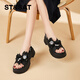 星期六（St&Sat）厚底涼鞋女2024夏季新款露趾水鉆一字扣帶女鞋子蝴蝶結設計沙灘鞋 黑色 34