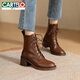 卡帝樂(lè )鱷魚(yú)（CARTELO）ins英倫風(fēng)系帶側拉鏈復古棕色短靴女粗跟高跟真皮厚底百搭馬丁靴 棕色絨里 36