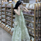BMOI夏季綠野仙蹤網(wǎng)紗甜美綠色仙女蓬蓬吊帶連衣裙女學生中長款a字裙 綠色背帶裙 S