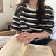 詩(shī)婭達（SHIYADA）港風(fēng)復古條紋短袖t恤女夏季2025新款寬松純棉刺繡休閑半袖體恤 黑色條紋 M 建議95-105斤