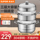 蘇泊爾（SUPOR）蒸鍋304不銹鋼家用高拱蓋蒸籠三層雙層加厚復底燃氣電磁爐通用鍋 蒸鍋 3層 30cm