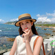 SOMUBAY草帽女沙灘海邊度假草編帽夏季太陽帽子防曬遮陽帽新款禮帽平頂帽 CM-817卡其色(帽檐5cm，帽深9cm) M(55-59cm)帽檐5cm，帽深9cm