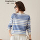 科蒙博卡秋冬時(shí)尚條紋自帶領(lǐng)羊絨衫女休閑百搭毛衣打底針織衫 薄霧藍 XL