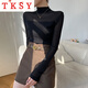 TKSY小半高領(lǐng)網(wǎng)紗黑色打底衫女士時(shí)尚長(cháng)袖T恤2025新款薄款上衣感 黑色 L