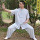夏季短袖太極服棉麻武術(shù)練功服男功夫服亞麻中袖太極拳服表演服裝 淺灰色 上衣+褲子一套(上衣有口袋) XL