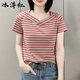 冰洋紅短袖t恤女裝新款2025夏季純棉寬松慵懶風(fēng)顯瘦遮肚子短款條紋上衣 紅色 2XL_建議125-140斤