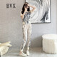 BVX新款T恤女夏新款韓版百搭時(shí)尚洋氣夏季女裝氣質(zhì)短袖休閑運(yùn)動(dòng)套裝 杏色 L