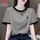 皮爾卡丹撞色減齡上衣歐貨純棉短袖t恤女2025夏季新款灰色正肩寬松體恤潮 灰插黑-線條方格 M 96-110斤