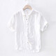極麻復古壓皺短袖亞麻襯衫男士夏季休閑青年透氣寬松半袖襯衣 白色 XL