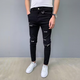 益帛牛仔褲男秋冬新款韓版潮流個(gè)性拉鏈時(shí)尚破洞百搭修身小腳長(cháng)褲子男 黑色 31【建議115-125斤】