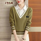子牧棉麻秋裝 女韓版百搭假兩件上衣洋氣外穿襯衫領(lǐng)針織衫9891 草地綠 均碼（建議90-135斤）