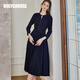 ROEYSHOUSE羅衣氣質(zhì)系帶百褶連衣裙女春裝新款時(shí)尚通勤鏤空中長(cháng)裙10173 黑藍色 XL