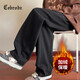 Cebrodz法國 休閑褲男設計感彎刀褲秋季新款衛褲寬松直筒運動(dòng)褲加絨褲子 黑色加絨 3XL