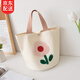 潮流小花刺繡手提帆布包可愛(ài)水桶包便攜多功能飯盒包便當包時(shí)尚購物袋韓版休閑隨身物品收納布袋子 米色