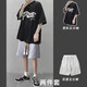卡圖弛 衣服男夏季短袖t恤男寬松休閑套裝韓版潮流百搭五分半截袖男青少年美式復古運動(dòng)短褲一套上衣男裝 黑色短袖+灰色短褲 2XL【建議130-145斤】