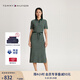 TOMMY HILFIGER【側邊開(kāi)叉】夏女氣質(zhì)休閑通勤收腰顯瘦POLO長(cháng)裙連衣裙 綠白條紋0CG M