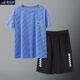 蘑菇兔胖男童夏裝套裝冰絲短袖運動(dòng)服夏季薄款大兒童速干衣男孩夏天衣服 22-086藍色+22-093黑色 180加肥版適合160斤左右