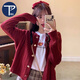 PMOG2025新款潮春秋針織開(kāi)衫外套女上衣女韓版寬松毛衣外搭坑條顯瘦潮 酒紅色 L[建議105115斤]