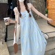 妙奕嘉吊帶裙連衣裙裙子夏天女裝2025年新款少女感純欲長裙小個子遮肚子 藍色條紋麻繩吊帶長裙 M 【建議90-105斤】