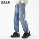 馬克華菲【重工字母刺繡】牛仔褲男士25春秋松緊抽繩束腳休閑牛仔九分褲 113淺藍 M