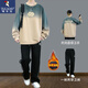 啄木鳥(niǎo)青少年圓領(lǐng)衛衣套裝男春秋冬季寬松學(xué)生帥氣潮流新款加絨加厚男裝 兩件套【加絨8001卡其+加絨24015長(cháng)褲】 L 適合101-120斤