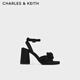 CHARLES&KEITH蝴蝶結絨布粗跟露趾高跟涼鞋生日禮物CK1-60920367 BLACK TEXTURED黑色紋理 35