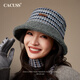 CACUSS帽子女冬季保暖漁夫帽大頭圍顯臉小盆帽復古格紋泰迪絨帽子 灰色
