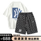 MR—90官方潮牌短袖t恤套裝男上衣短褲休閑兩件套夏季情侶運動(dòng)潮牌套裝 白色短袖+黑色短褲（NE12） XL（建議150-170斤）